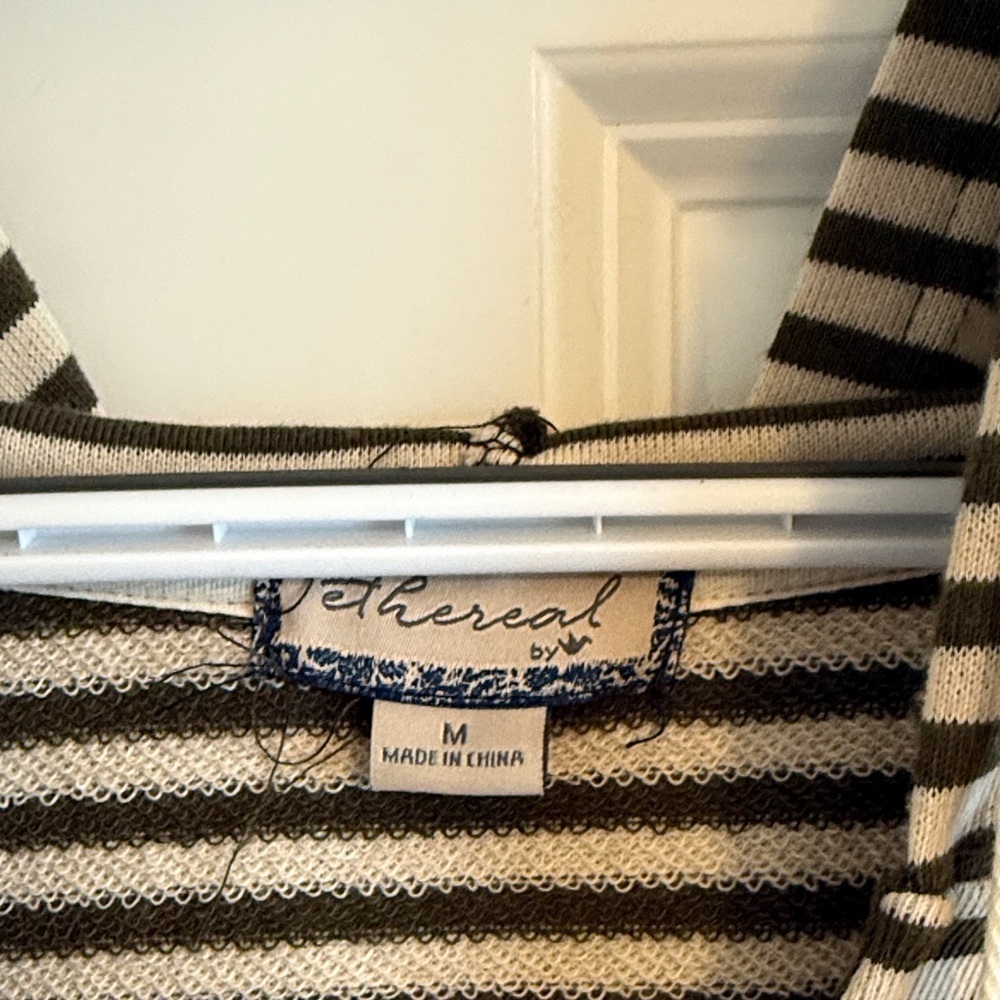 Ethereal boho Green & Beige Striped Hoodie Distressed V-Neck Pockets Size Medium - Picture 2 of 8